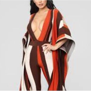 Fashion Nova Bold Striped Jumpsuit in Brown, Orange, and Cream